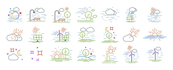 Ecologic and weather landscape colored line icons set vector illustration