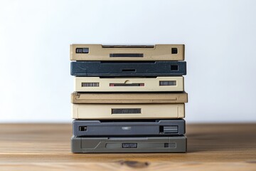 Obraz premium A stack of vintage floppy disks and hard drives showcasing retro technology.