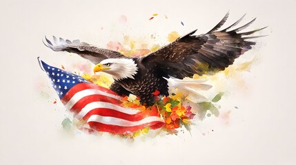 A majestic bald eagle in flight, clutching an American flag amidst a vibrant watercolor explosion of autumnal colors
