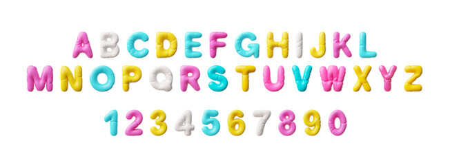 Fototapeta na wymiar 3D set of English alphabet and numbers, inflatable figures of pink, blue, yellow and white colors.