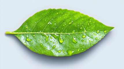 A vibrant green leaf, ovate with a pointed tip, rests on a light gray background; numerous water droplets adorn its surface, highlighting its texture