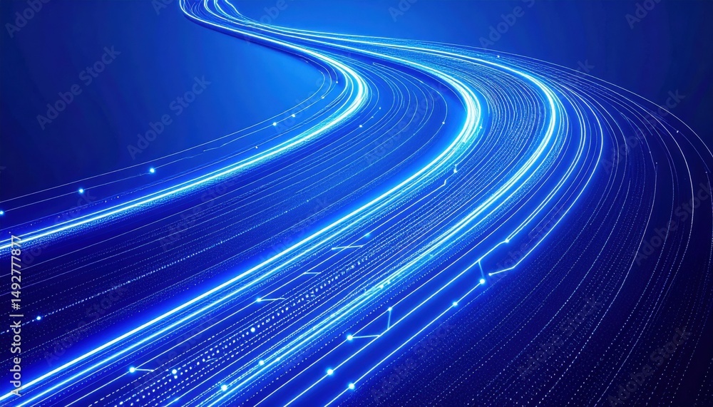 Poster dynamic light trails emerging from a curved path digital space abstract visuals futuristic atmospher