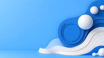 Abstract 3D rendering of blue and white organic shapes, spheres, and waves against a light blue background, creating a minimalist and modern composition