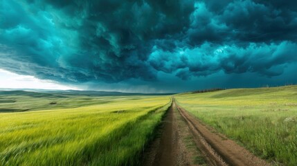 Fototapeta premium Dramatic Storm Clouds Over Green Field Landscape Wide Angle Rural Dirt Road Leading to Horizon