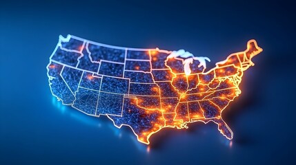 Glowing digital map of the USA, highlighting concentrated areas with orange and blue light, depicting data distribution across states
