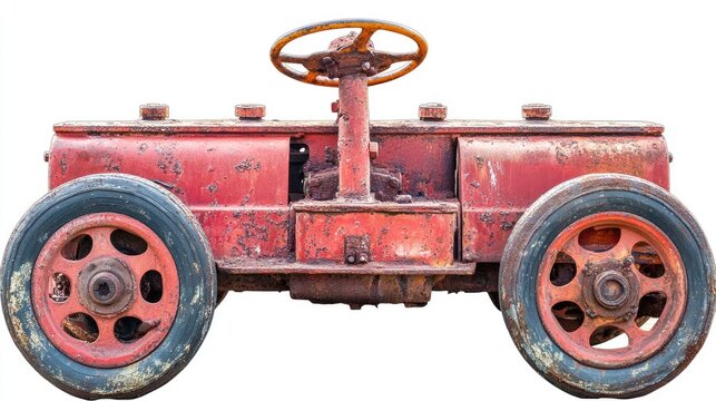 Rusty, miniature red vehicle with vintage details.