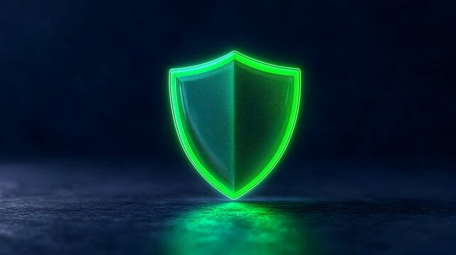 Glowing green shield icon on dark surface, reflecting light, signifying protection and security