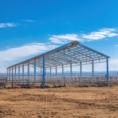 Fototapeta premium Metal Barn Frame Construction in Rural Landscape under Blue Sky Wide Angle View Agricultural Building Project in Progress