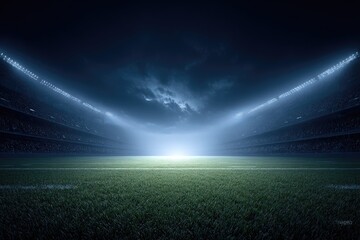 Vast Stadium with Green Field Bathed in Bright Floodlights Under Dark Cloudy Sky in Night Sports Arena