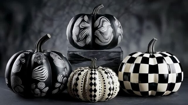 Black and white decorative pumpkins with artistic patterns for modern halloween or fall decoration design concept footage.