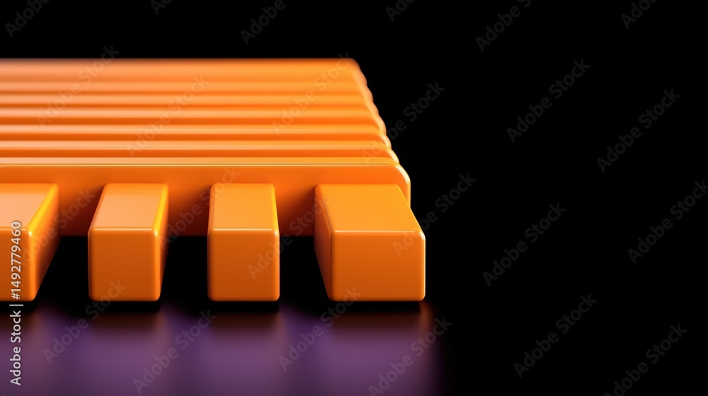 Poster orange rectangular blocks arranged in a row on a glossy black surface, creating a modern, abstract g