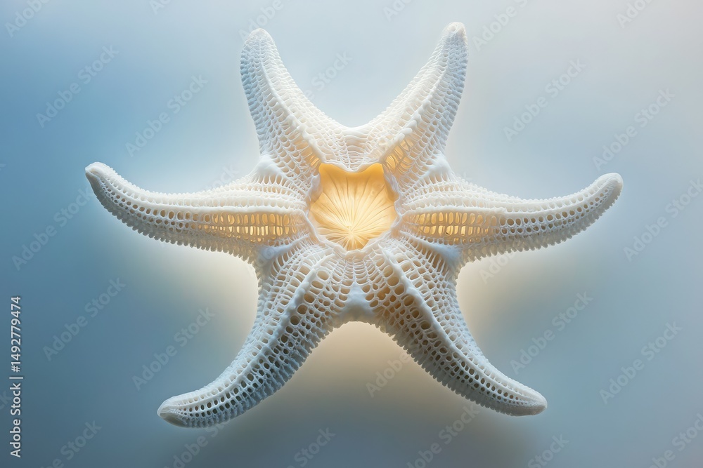 Poster a detailed close-up of a delicate, white starfish with intricate textures and a soft glow emanating 