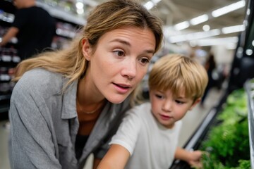 Obraz premium A mother and her son are actively engaged in selecting fresh produce at a grocery store, reflecting family dynamics and healthy lifestyle choices through their interaction.