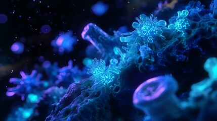 Fototapeta premium Ethereal-looking luminescent microbial life thriving in extreme environments