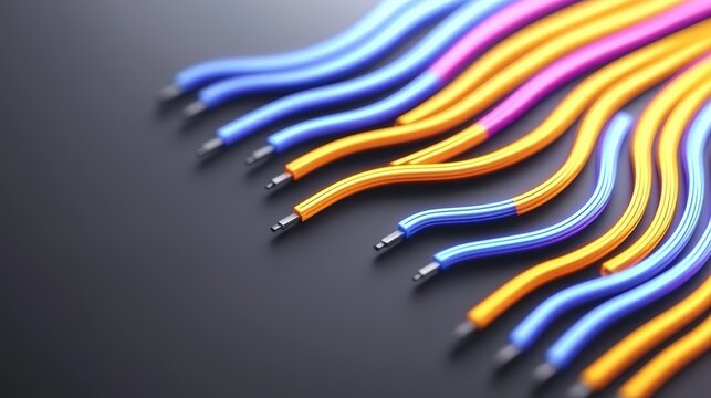 Colorful electrical wires arranged in parallel on a dark surface, showcasing vibrant blue, orange, and purple insulation.