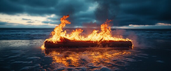 Burning log on beach at dusk