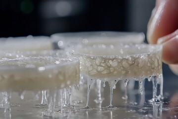 Nanocellulose film undergoing humidity condensation cycles captured under macro lens with detailed water droplets