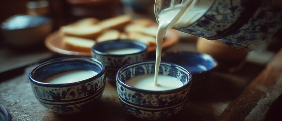 Milk is being poured into elegant blue ceramic bowls, creating a rustic and inviting kitchen scene.