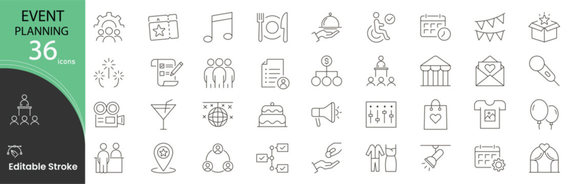 Event planning icon set. Organization and management related line icons. calendar, checklist, venue, invitation, schedule, decoration, catering, coordination, timeline, task and more. Editable stroke.
