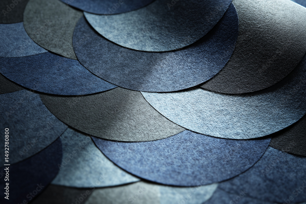 Poster Textured blue fabric circles overlap, creating a wave-like pattern. The image showcases material texture and color variations, ideal for design or presentation background