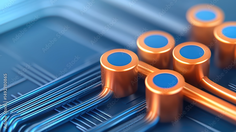 Poster a close-up of a futuristic circuit board with metallic orange and blue components connected by intri