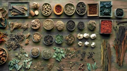 variety of dried herbs and spices arranged on wooden surface for culinary or medicinal use
