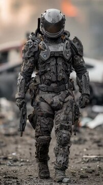 Mud caked futuristic soldier in dark grey armor walks through debris field. Post apocalyptic setting, muted lighting. Gritty texture.