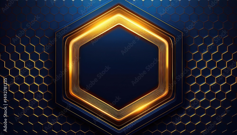 Poster futuristic abstract background hexagonal golden glow illuminating a dark blue honeycomb pattern in a