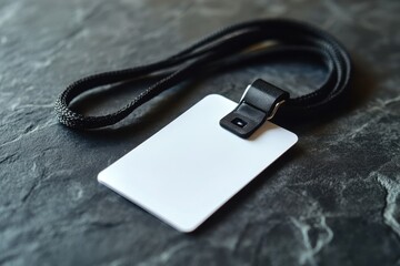 Blank white ID card with black lanyard on a dark gray textured background. Shows security, access, or identification, for events and workplace.