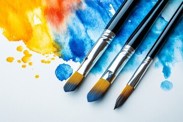 Obraz premium Three Paintbrushes on Vibrant Watercolor Painting Blue Yellow Orange Art Supplies