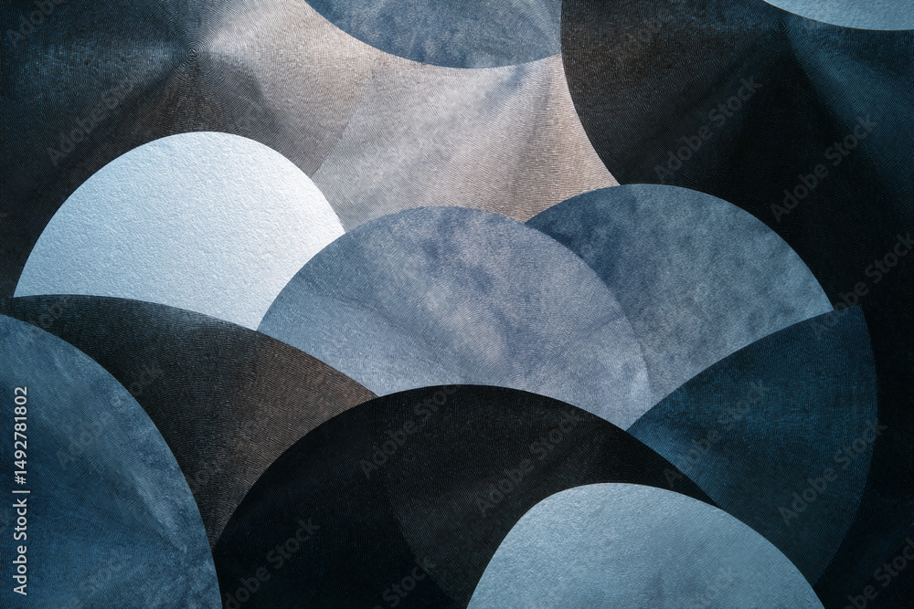 Poster abstract art of overlapping textured circles in shades of blue, gray, and black, creating a calming 