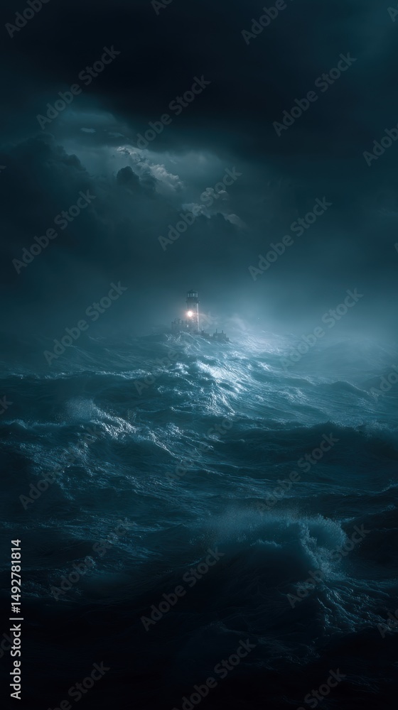 Poster lighthouse shining through storm at sea with large waves and dark clouds vertical view