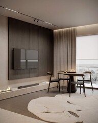 Interior of modern living room with white and wooden walls, tiled floor, comfortable sofa and tv set