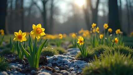 Obraz premium Charming Daffodils Blossom in Spring Sunlight in a Scenic Meadow