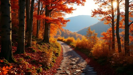 Picturesque Autumn Pathway Through the Forest with Vibrant Foliage and Mountains in the Background