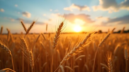 Naklejka premium Golden Wheat Field at Sunset: Ripe Grain in Warm Light