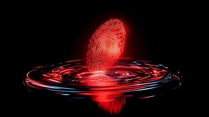 A glowing red fingerprint hovers above a dark, reflective liquid, creating concentric ripples