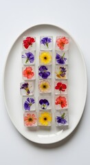 Ice Cubes with Frozen Flowers on a White Plate
