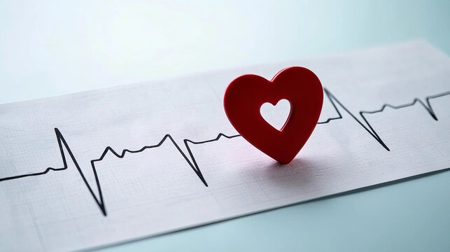 Red heart and electrocardiogram represent the concepts of heart health monitoring, medical diagnosis, cardiovascular system status, and organ donation.