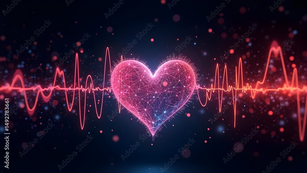 Poster digital heartbeat visualization with glowing heart and pulse waveform on dark background