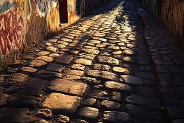 Cobblestone Alleyway bathed in Golden Sunlight