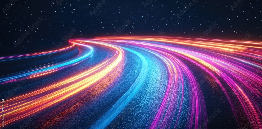 Poster a vibrant display of colorful light trails racing through a dark landscape. creating a sense of spee