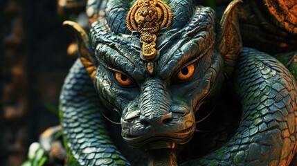 Fototapeta premium Magnificent Serpent Statue: A Close-Up of a Mystical Dragon Sculpture