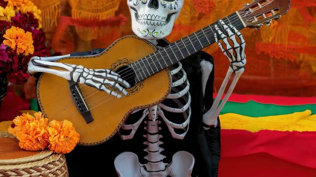Skeleton decorated as a calavera plays a guitar during the Day of the Dead celebration representing mexican tradition and culture with marigold flowers footage.