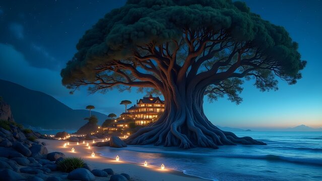 Magical Beach Landscape with Giant Tree, Illuminated House and Lanterns at Night
