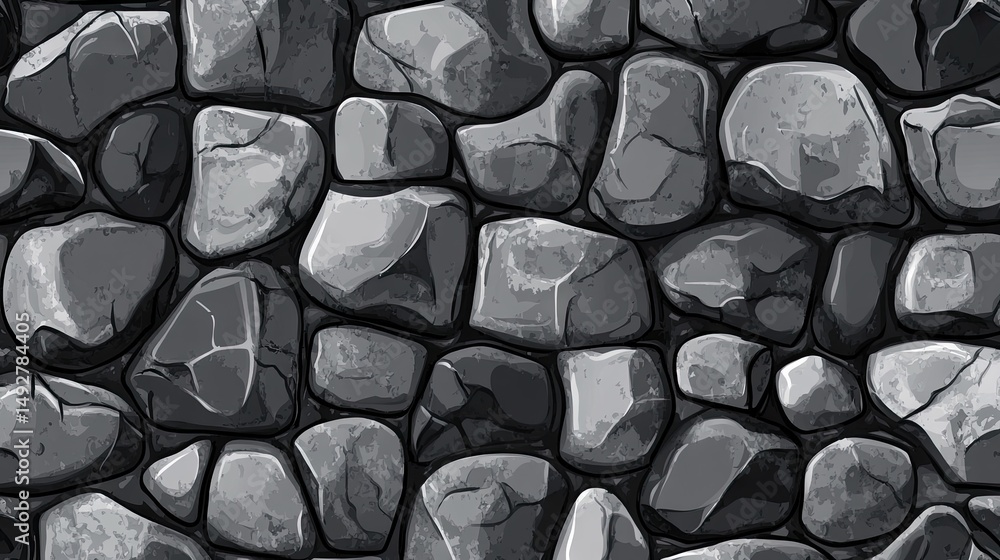 Poster a close-up view of a textured surface composed of various sizes of gray and white rocks. illustratin