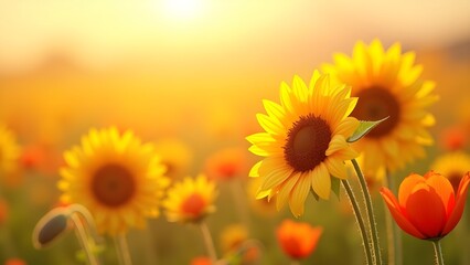 Obraz premium Sunlit Sunflower Field: Golden Blooms and Vibrant Colors in a Warm, Natural Meadow Landscape