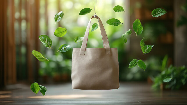 Reusable shopping bag with floating leaves clean eco-friendly visual - Powered by Adobe