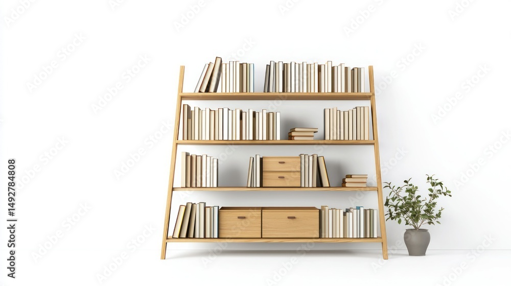 Poster ladder bookshelf with drawers isolated on white background