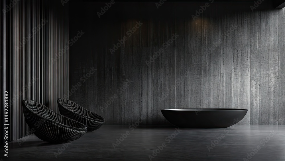 Poster a minimalist. dark industrial space featuring three circular platforms and tall rectangular panels. 